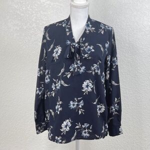 Acevog Blue White Floral Long Sleeve Neck Tie Blouse Size Small